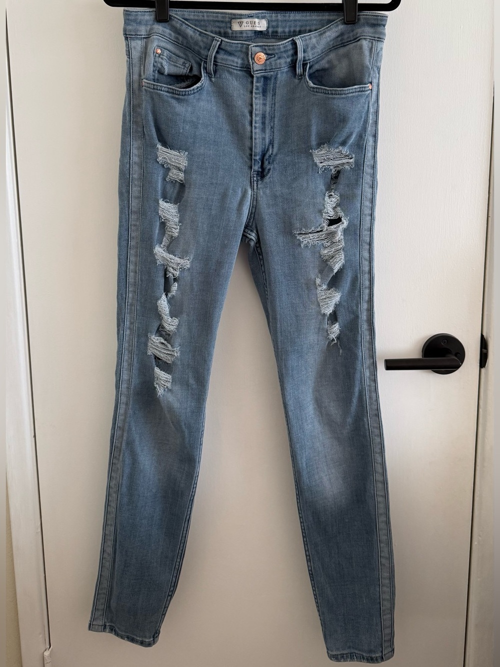 GUESS Destroyed Distressed High Waist Light Wash Skinny Jeans with Tuxedo Stripe